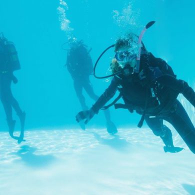 friends underwater in wetsuits