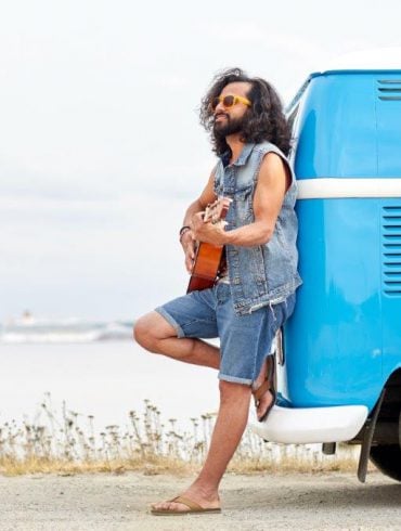 hippie guitar van beach