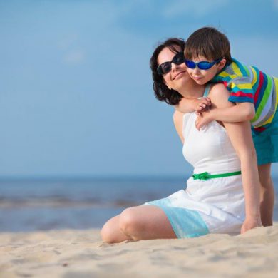 Mother and son on beach