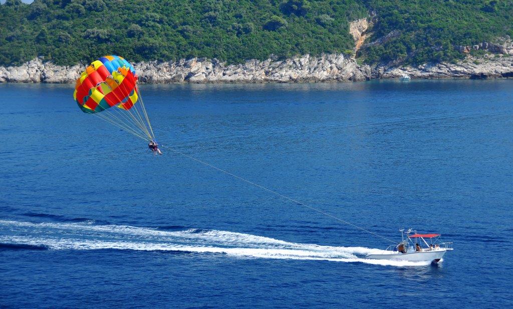 Boat towing parasail across lake